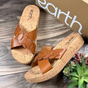 NIB Earth Scotti 8.5M Wedge Platform Comfort Leather Slide Sandals Dark Natural
